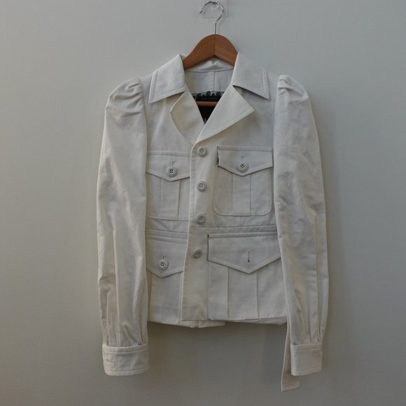 MARC JACOBS White Cropped Jean Jacket Womens Small Denim Puffed Belted Utility - Picture 1 of 14